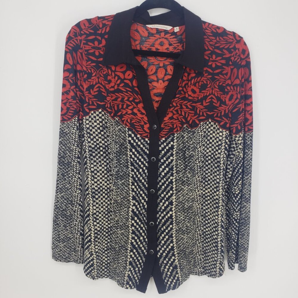 Soft Surroundings Button Down Shirt M Abstract Floral Vine Long Sleeve Red Black